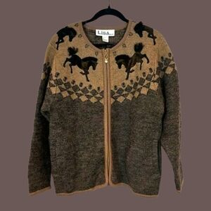 Lisa International Women's Zip Up Sweater Cardigan 100% Boil Wool Lg. 3D Horses
